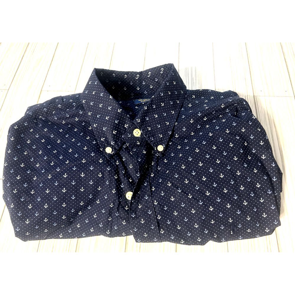 Ralph Lauren Shirt Mens LARGE‎ Button Up Anchor Navy Blue All Over Print Stretch